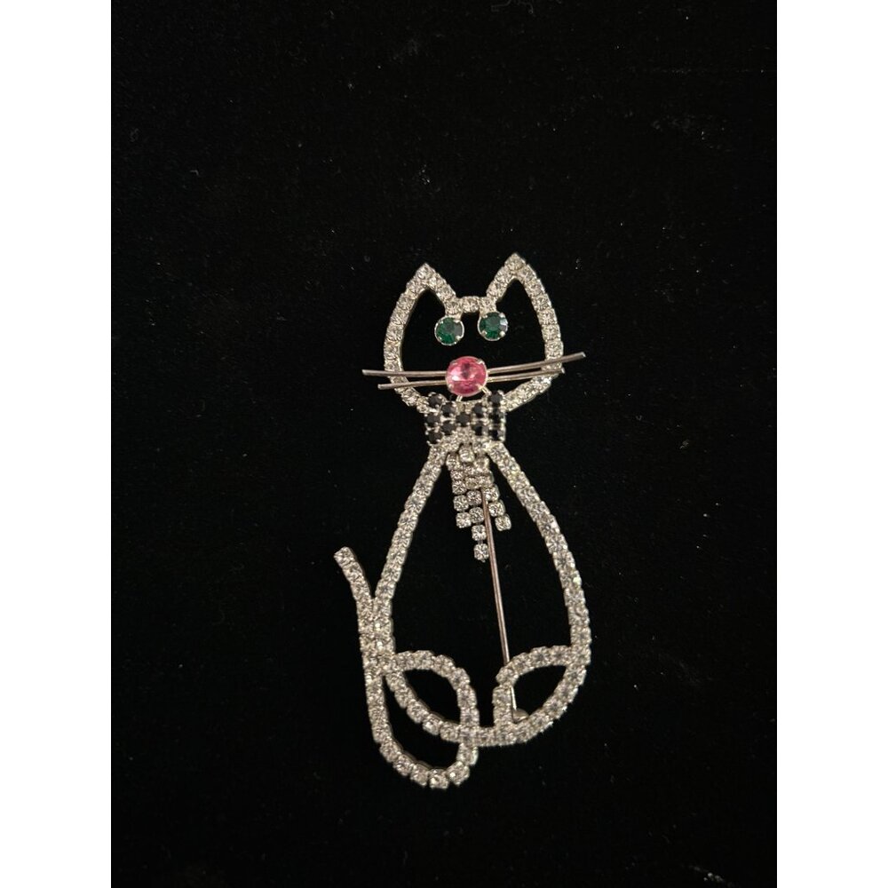 Vintage Sparkling Rhinestone Large Cat Bowtie Brooch Pin